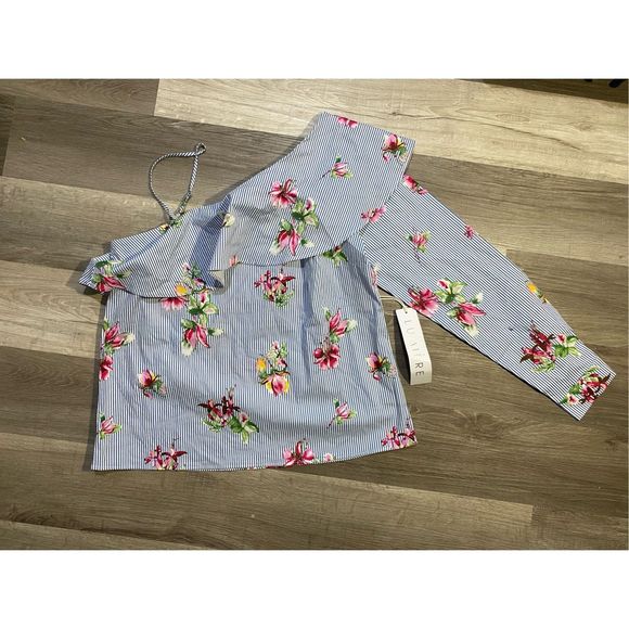 Urban Outfitters Lumiere NWT Floral Striped One Shoulder Blouse, Size Large - Picture 2 of 11
